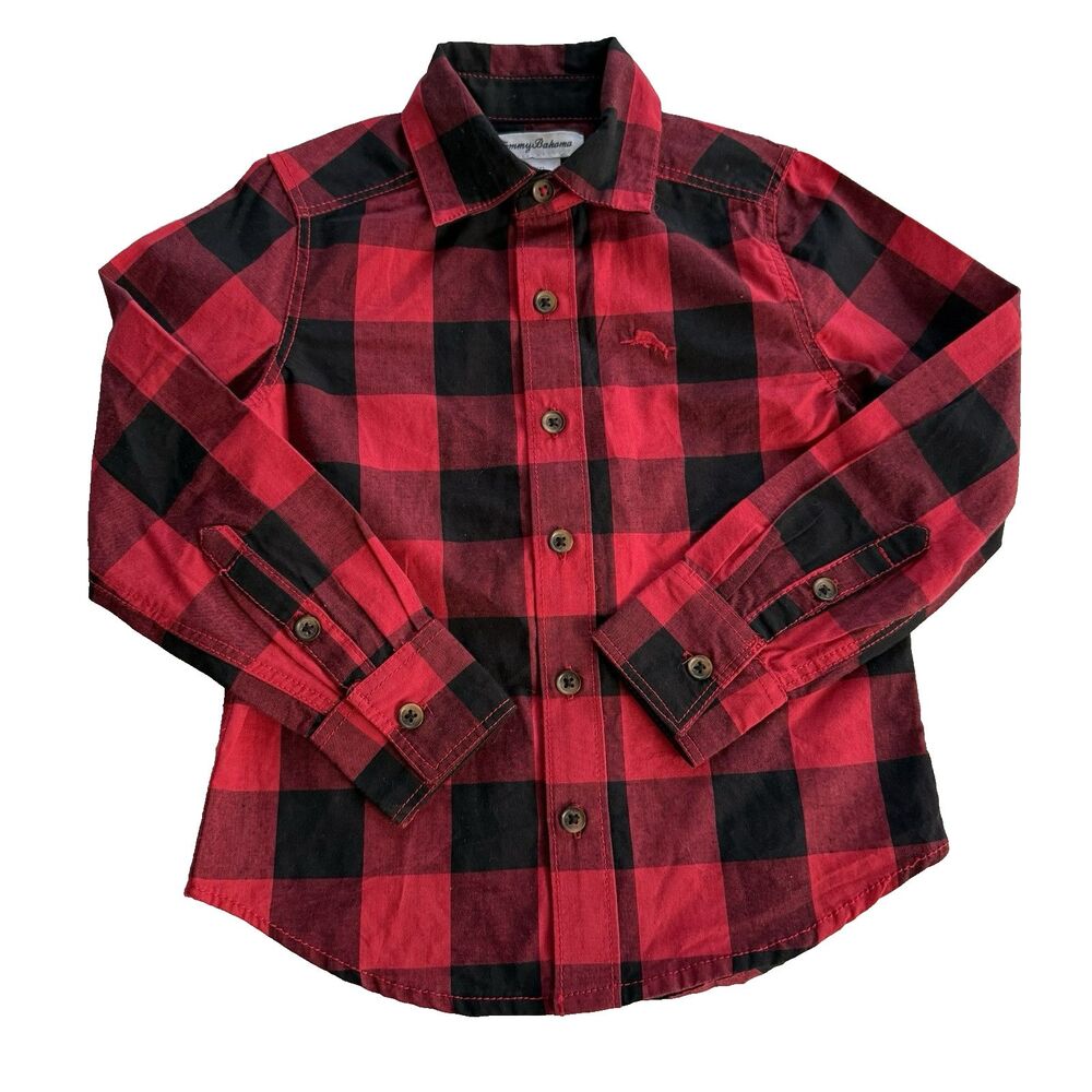 Boys Tommy Bahama Red Buffalo Plaid Button Up Long Sleeve Christmas Shirt Sz 4